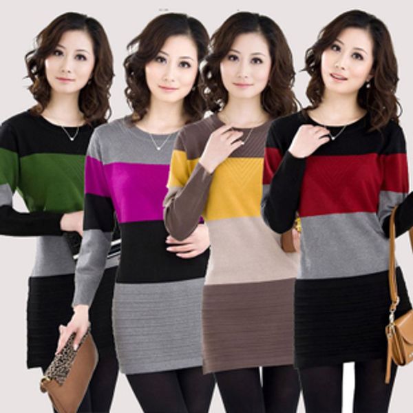 Venta al por mayor- 2016 moda nuevas mujeres suéter largo más el tamaño de mujer a rayas suéter casual dama suéter vestido púrpura, amarillo, rojo, verde SM, L ~ XXXL