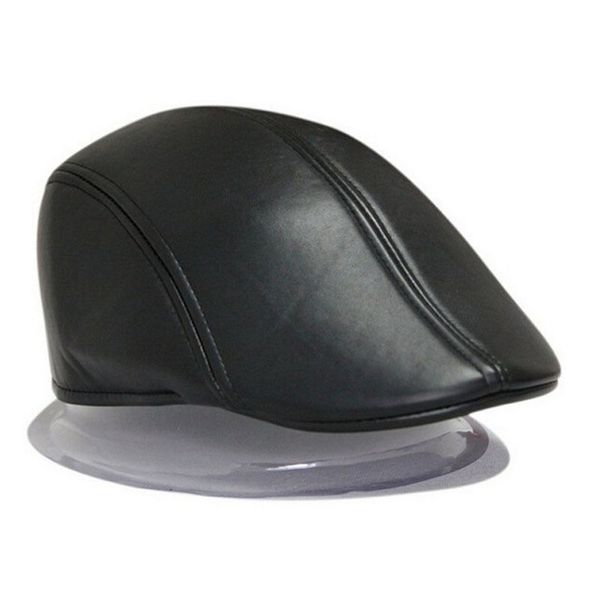 Gros-2016 Mode Femmes Béret Chapeau PU En Cuir Hommes Gavroche Cabbie Golf Baker Ivy Cap Noir