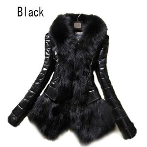 Vente en gros- 2016 Hot luxe femmes manteau en fausse fourrure vêtements de dessus en cuir habit de neige à manches longues veste noir mode livraison gratuite