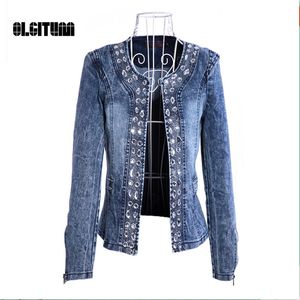 Vente en gros- 2016 Veste Manteau Femmes Denim Grande Taille Top Veste Avec Strass Paillettes O-cou Denim Femme Vestes