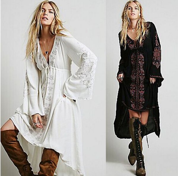 Vente en gros - Robe longue Femmes Vintage Ethnique Fleur Brodée Coton Tunique Casual Robe Longue Hippie Boho Personnes Asymétrique Maxi Robe