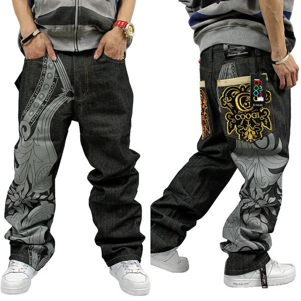Al por mayor-2016 pantalones vaqueros sueltos de hip hop hombres pantalones vaqueros impresos hombres pantalones rectos pantalones harem pantalones hip-hop graffiti impresión bordado