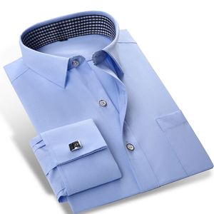 Venta al por mayor de camisas de vestir con puños franceses de Color sólido para hombres (gemelos incluidos) camisa a cuadros interior de cuello cuadrado de corte clásico de manga larga