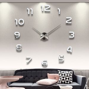 Vente en gros - 2016 Nouveau 3D Home Decor Quartz DIY Moderne Sans Cadre Grande Horloge Murale Montre Salon Métal Acrylique Miroir Horloges