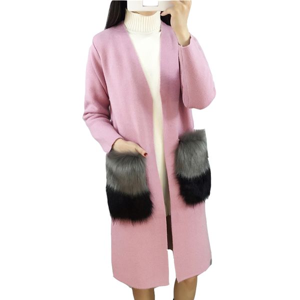 Gros-2016 Nouvelle Vente Chaude Automne Femmes Mode Cardigan En Cachemire Col En V Chemise En Tricot Mince Version Coréenne Femme Fourrure Long Chandail C99