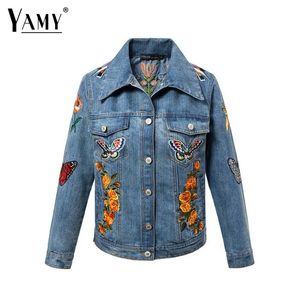 Vente en gros- 2016 Vintage papillon Denim Veste femmes hiver à manches longues bouton mince basique manteau fille rue Revers survêtement