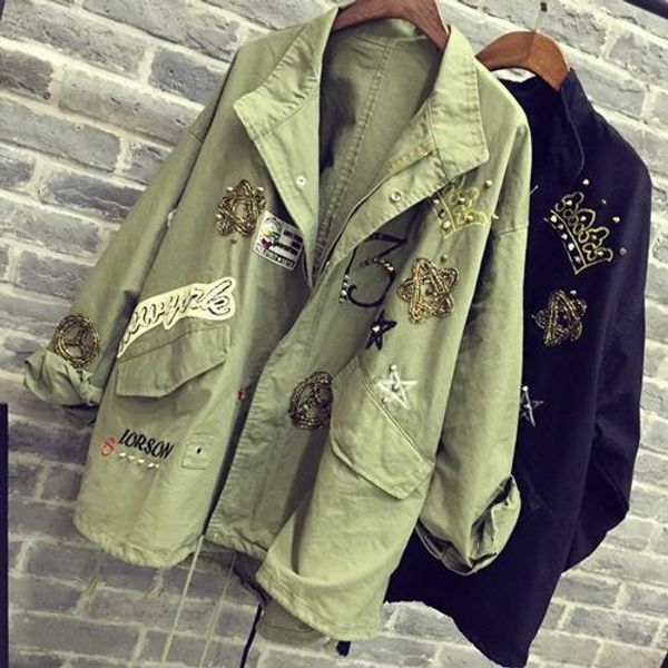 Vente en gros - 2016 Femmes Veste Manteau Design De Mode Bomber Veste Broderie Applique Rivets Oversize Armée Vert Coton Noir