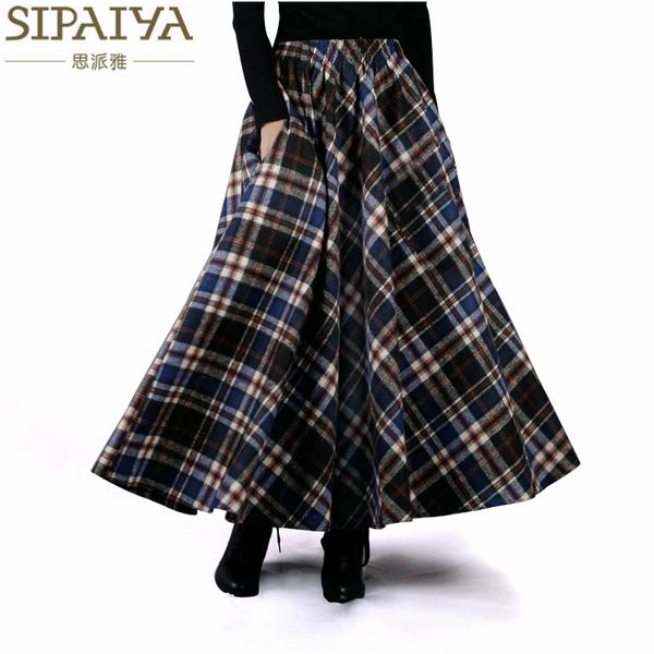 Vente en gros- 2017 Automne Hiver Femmes Jupe Années 50 Vintage et Laine Maxi Taille Élastique Plaid Classique Épais Chaud Saias Longa