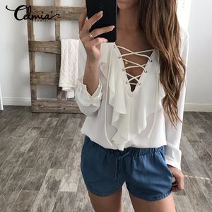 Groothandel- 2017 mode lente herfst vrouwen chiffon blouse sexy lace up v-hals ruches lange mouw zwart wit tops casual plus size shirt