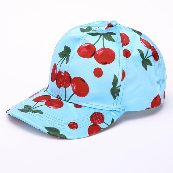 Casquettes de baseball en gros- 2021 Summer Fruits Pattern Baseball Hat Cerise Impression Courbé Eaves Sun Cap Femmes Hip Hop Chapeaux Fille Casquette1