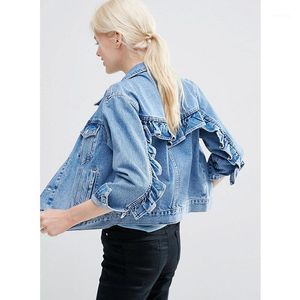 Vestes pour femmes Vente en gros - 2021 Mode Boyfriend Femmes Bleu Casual Coton Denim Manteaux Femme Boutons Lâche Solide Ruché Stretch Jeans Jacke