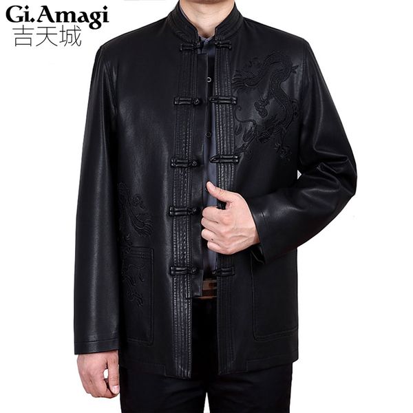 Vente en gros- 2017 Printemps Nouvelle Veste En Cuir Souple Hommes Vestes En Cuir Style Chinois Broderie Dragon Mâle D'affaires Casual Manteaux