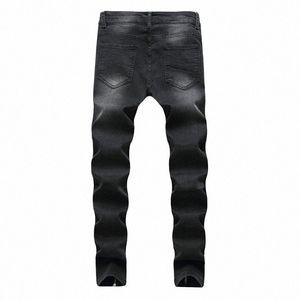 wholesale 2020 Fi Wing Casual Gris Foncé Distred Ripped Trou Plissé Neige Moto Biker Zipper Leg Skinny Jeans Hommes j1v9 #