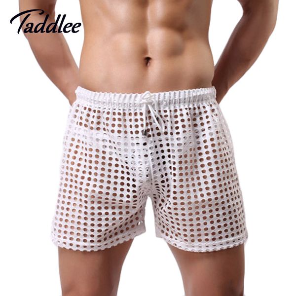 Venta al por mayor-2020 Pantalones cortos para hombres Malla transparente Ver a través del pene gay Hombre Pantalones para dormir Ropa de dormir Ropa de dormir informal para hombres Ropa para el hogar