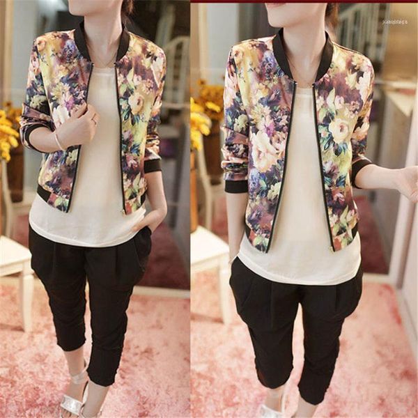 Venta al por mayor- 2021 Moda Primavera Otoño Fahion Mujeres Stand Collar Manga larga Cremallera Floral Impreso Bomber Jacket1