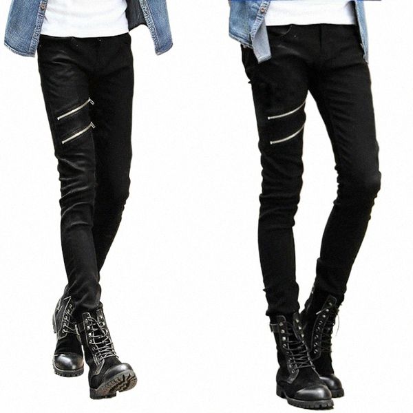 wholesale 2021 Fi Thin Double Zipper Skinny Jeans Hommes Vêtements pour adolescents Garçons Jeans streetwear Pantalons Hommes 28-34 w1XW #