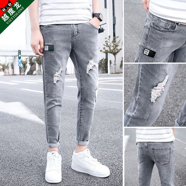 Vente en gros 2021 déchiré Denim Jeans hommes pieds coréens été mince pantacourt 2021 marque décontracté adolescents crayon pantalon