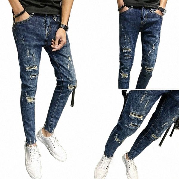 wholesale 2022 Jeans Hombre Agujero rasgado Primavera Otoño Pantalones hasta el tobillo Adolescentes Pies delgados coreanos Jeans flacos Hombres Pantalones lápiz Z7Vn #