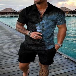 Vente en gros 2039 de nouveaux modèles Shorts pour hommes Survêtements Homme Été Casual Imprimer Fermeture à glissière Col rabattu Chemisier À manches courtes Tops Chemise Costumes POUR hommes