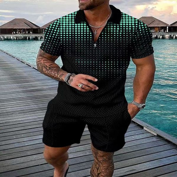 Vente en gros 2046 de nouveaux modèles Shorts pour hommes Survêtements Mâle Été Casual Imprimer Fermeture Éclair Col Rabattu Blouse À Manches Courtes Tops Chemise Costumes POUR hommes