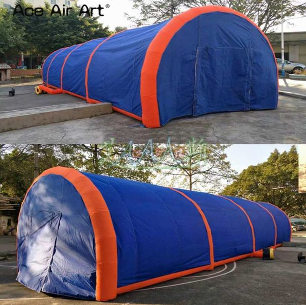 Venta al por mayor 20mLx4.5mWx3mH (65.5x15x10ft) tienda de túnel inflable gigante azul y naranja garaje con cubierta para automóvil con cortinas de cobertura completa para eventos al aire libre