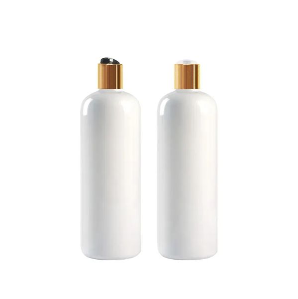En gros 20pcs 500ml bouteilles de shampoing en plastique vides blanches avec bouchons de disque DIY lotion PET Bouteille avec bouchon en or, emballage cosmétique LL