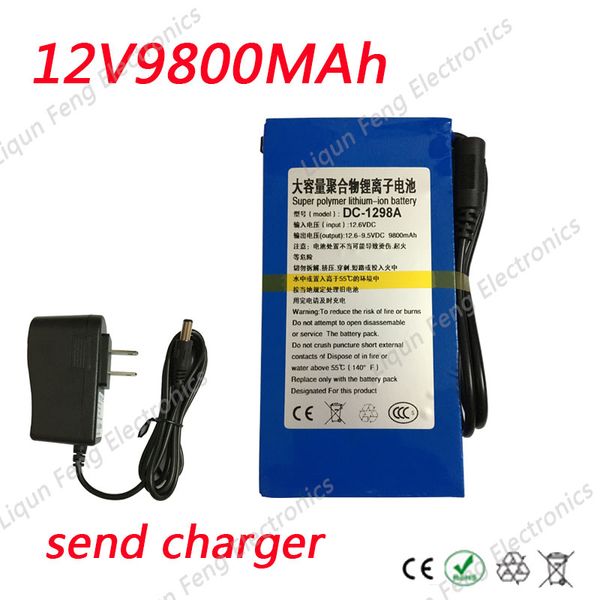 Venta al por mayor 20 unids/lote 12 V 9800 mAh batería recargable de iones de litio de polímero de litio para vídeo inalámbrico multifunción Universal con cargador 2A