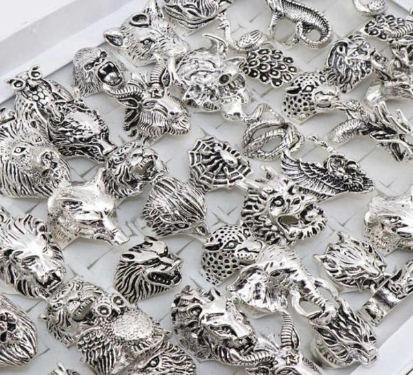 En gros 20pcs / lots mélange hibou Dragon Wolf Elephant Tiger etc Style Animal Anneaux Bijoux vintage Anneaux pour hommes Femmes 2106233460293