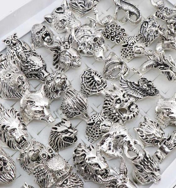 En gros 20pcs / lots mélange hibou dragon wolf elephant tiger etc style animal antique ringards vintage anneaux pour hommes femmes 2106238910542