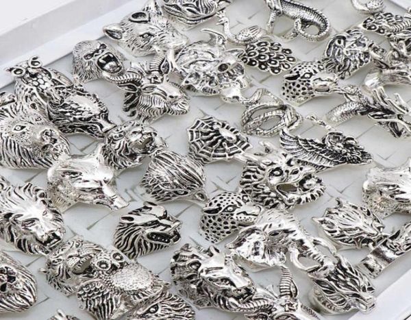 En gros 20pcs / lots mélange hibou Dragon Wolf Elephant Tiger etc Style Animal Anneaux Bijoux vintage Anneaux pour hommes Femmes 2106236479082