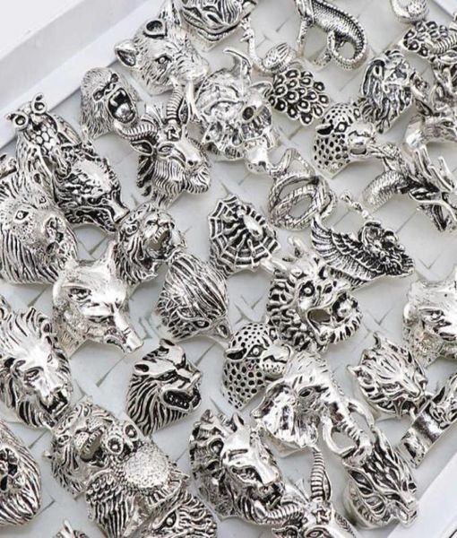 En gros 20pcs / lots mélange hibou Dragon Wolf Elephant Tiger etc Style Animal Anneaux Bijoux vintage Anneaux pour hommes Femmes 2106238437207