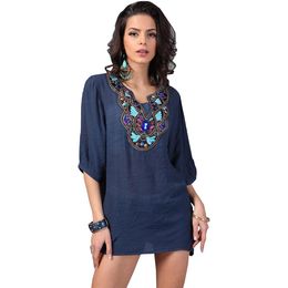 Gros-21 Styles Nouveau Arrivé Plus La Taille Vintage Bohème À La Main Broderie Perle V Cou D'été T-shirt Femmes Top Blusas Femininas