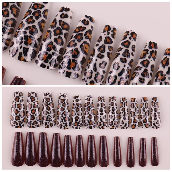 Vente en gros 24 conseils faux ongles pour femmes filles européen USA mode imprimé léopard long faux ongles manucure outils ensemble