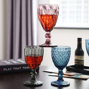 ¡Venta al por mayor! Copas de vino de 240ml, copa de cristal coloreada con tallo, patrón Vintage en relieve, vasos románticos para fiestas, bodas, B0035