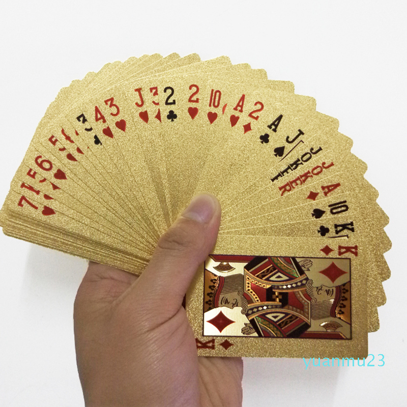 도매-24K 골드 카드 놀이 포커 게임 데크 금박 포커 세트 플라스틱 매직 카드 방수 카드 마술 NY086