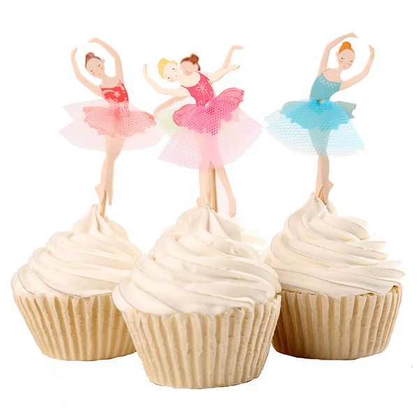 Al por mayor- 24pcs Ballet Girl Temo Party Suministes de dibujos animados Topcake Toppers elige decoraciones de fiesta de cumpleaños para niños