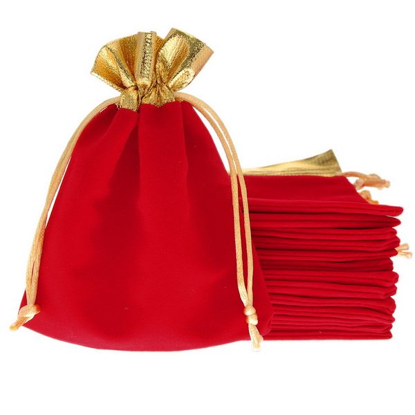 En gros 25 pièces 12x15 cm rouge velours or garniture cordon bijoux cadeau noël/mariage chaîne cordon sacs pochettes décoration de fête