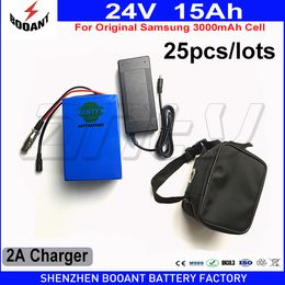Vente en gros 25pcs / Lots Batterie au Lithium 24v 15Ah 500w pour Samsung 30B Cellules 30A BMS avec Sac Étanche et 2A Charge Livraison Gratuite