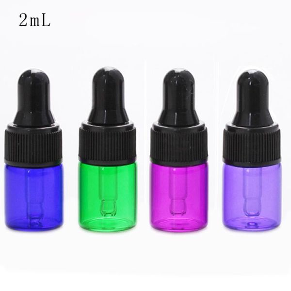 Vente en gros 2 ml clair ambre bleu vert mini flacons compte-gouttes en verre petits flacons en verre avec couvercle noir pour parfum cosmétique LX8942