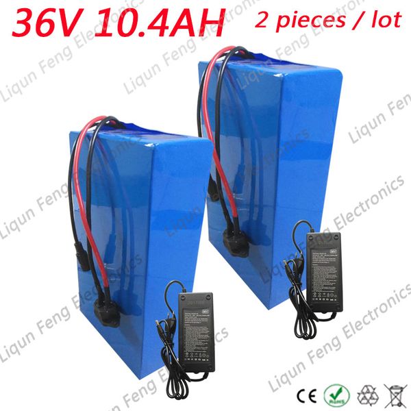 Vente en gros 2pcs / lots 36V 10AH 500W avec boîtier en PVC Construit en 18650 cellules Deep Cycle Vélo Électrique Batterie avec 15A BMS + 2A Chargeur