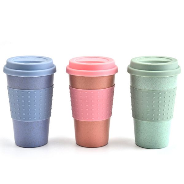 Venta al por mayor de 3 colores Fibra de paja de trigo Taza de café Botellas 12oz Oficina Tazas de coche Eco BPA Tazas de plástico gratis