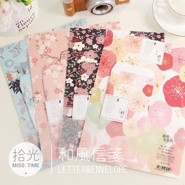 Al por mayor-3 sobres + 6 papel de carta estilo japonés romántico flores de cerezo sobre de regalo / bolsillo de papel / bloc de notas