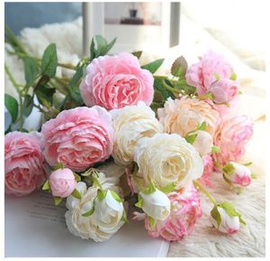 En gros 3 têtes de pivoine en soie décoration de la maison fleurs artificielles bouquet de roses fleur de pivoine en soie pour la décoration de la maison fournitures de mariage