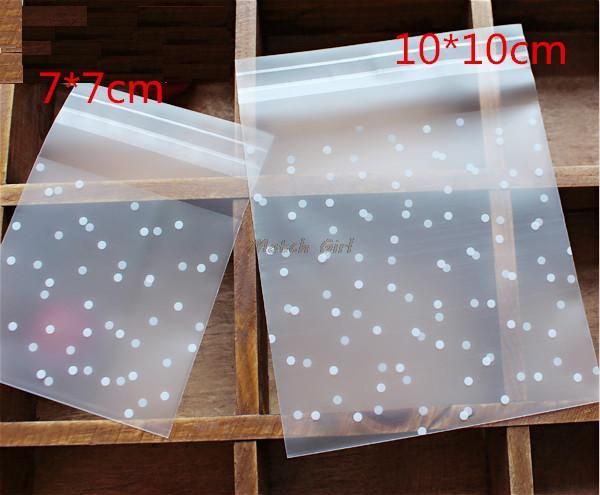 Wholesale-300pcs / lot-7 * 7cm, 10 * 10cm White Dots Clear Frosted OPP Autoadhesivo Bolsa de embalaje de regalo Bolsa de decoración de galletas de caramelo de boda