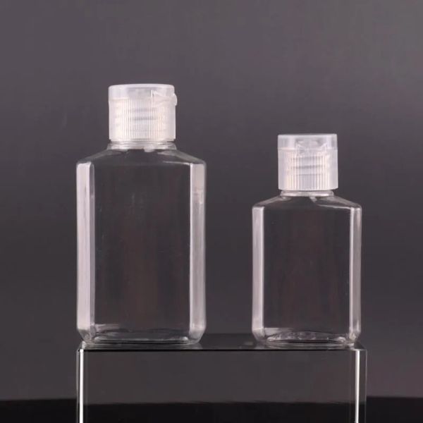 wholesale Botella de plástico PET vacía de 30 ml y 60 ml con tapa abatible, botella de forma cuadrada transparente para líquido de maquillaje, gel desinfectante para manos desechable LL