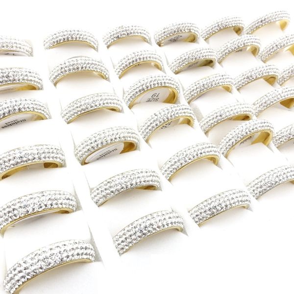 Venta al por mayor 36 piezas de anillos de acero inoxidable para hombres, mujeres, plata, chapado en oro, arcilla blanca, 4 filas, diamantes de imitación, joyería de moda, alianzas de boda, tamaño 17-21 mm
