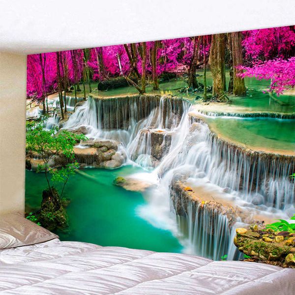 Venta al por mayor, toalla de playa 3D, paisaje de cascada, hermoso bosque, corriente de impresión, alfombra de pared, esterilla de Yoga, decoración del hogar, tapiz