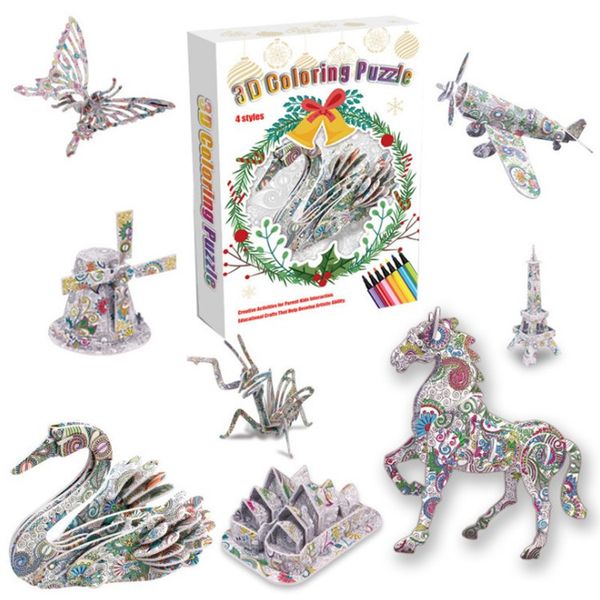 Vente en gros 3D Coloriage Animaux Puzzles Ensemble Art Peinture Fun Creative Creative Création Cerveaux Jeux Cadeau pour filles et garçon (4 pack)