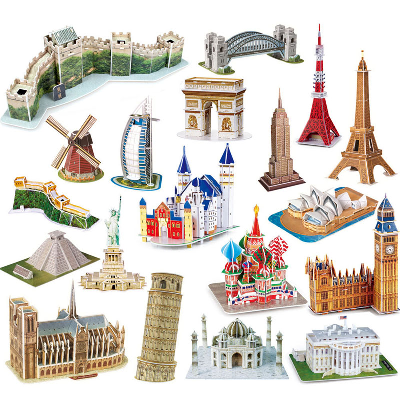 3D quebra -cabeças famosos de arquitetura mundial Modelo Material de documentos DIY Modelos de ornamentos infantis Aprendendo brinquedos educacionais