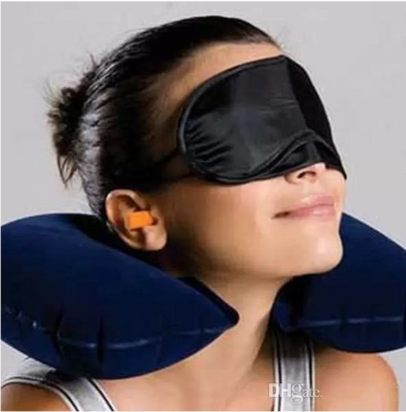 Venta al por mayor, juego de oficina de viaje 3 en 1, almohada inflable para el cuello en forma de U, cojín de aire + antifaz para dormir, visera + tapones para los oídos, embalaje Opp